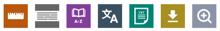 7 buttons for reading aids: a ruler, a screen mask button, a dictionary button, a translate icon, a plain text button, download button, and magnifying glass
